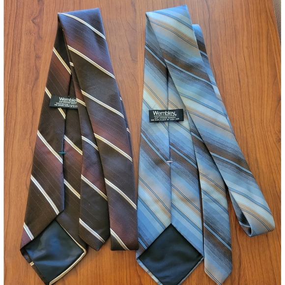 Vintage Wembley Necktie Striped 3.25 X 55 Blue Brown Gold Lot Of 2 - Picture 4 of 7